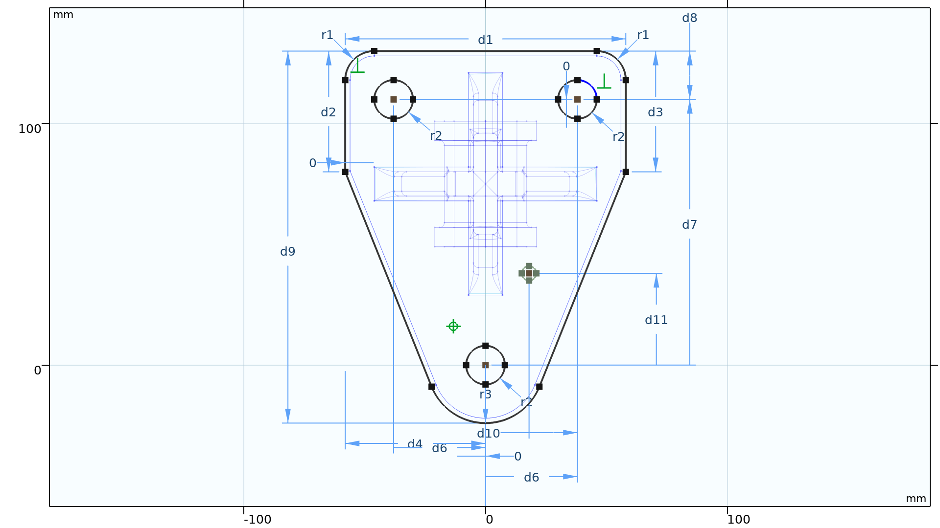 Náčrtek s parametrickými vazbami a rozměry vytvoření v Design Module COMSOL Multiphysics.